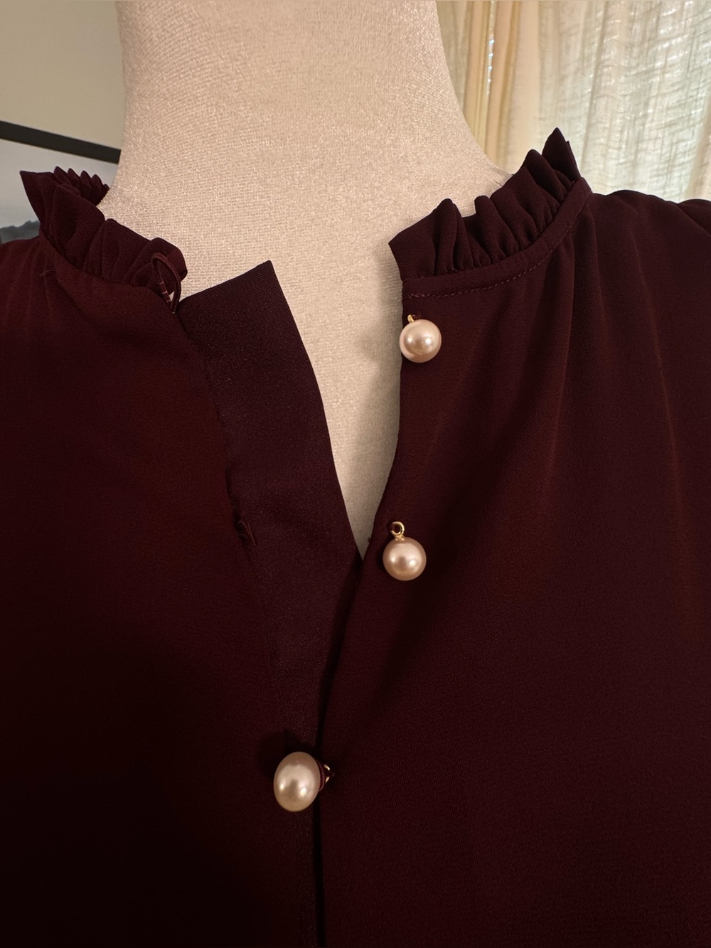 Ann Taylor Deep Burgundy Pearl-Button Ruffle Sleeve Blouse - Size Small - Picture 7 of 9